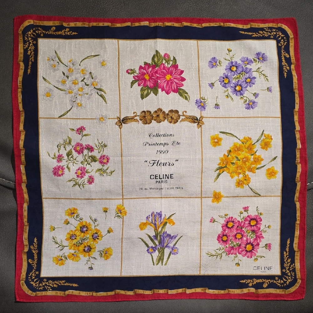 Vintage Celine Floral Silk Scarf with Navy and Red Border